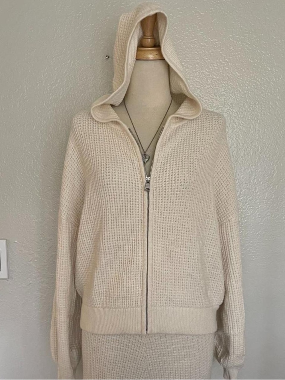 Cream Waffle Zip Up hoodie and pant set